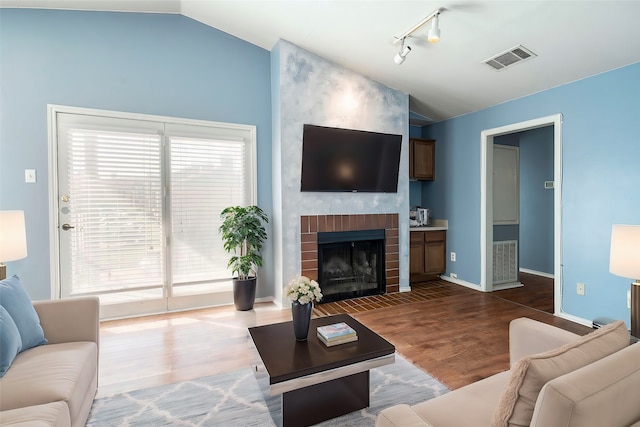 living room featuring lofted ceiling, a fireplace, and dark hardwood / wood-style floors