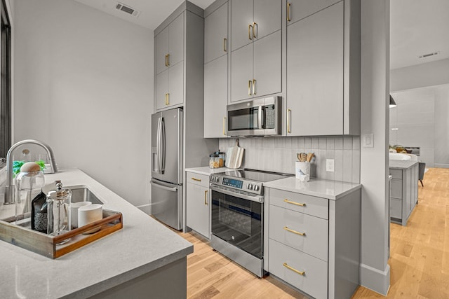 kitchen featuring sink, light hardwood / wood-style floors, stainless steel appliances, gray cabinets, and decorative backsplash