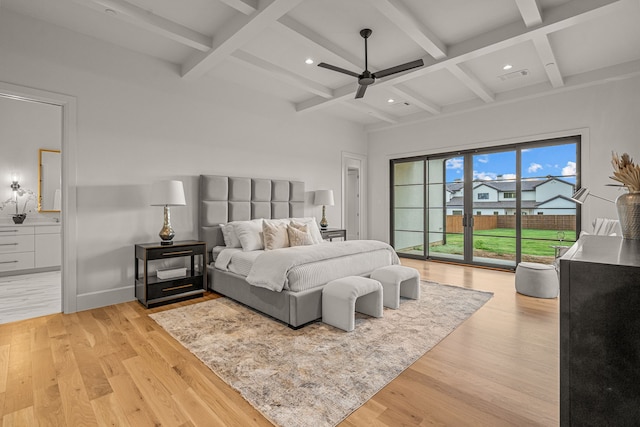 bedroom with beam ceiling, light hardwood / wood-style flooring, access to outside, ceiling fan, and coffered ceiling