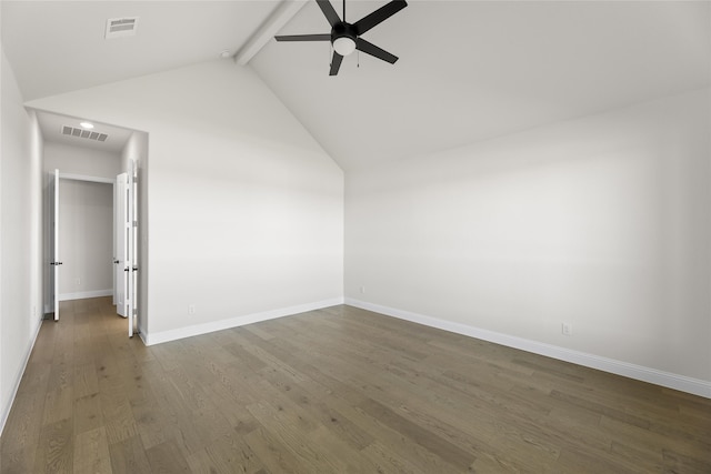 bonus room with ceiling fan, dark wood-type flooring, beam ceiling, and visible vents