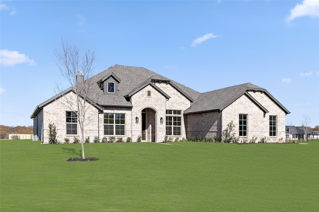 french country home featuring a shingled roof, a front yard, brick siding, and a chimney