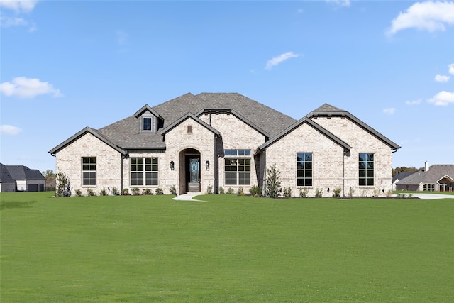 french country inspired facade with roof with shingles, brick siding, and a front lawn