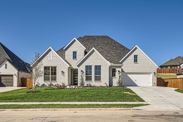 view of front of home with a garage and a front lawn