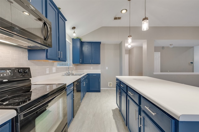 kitchen with pendant lighting, blue cabinets, stainless steel appliances, and backsplash