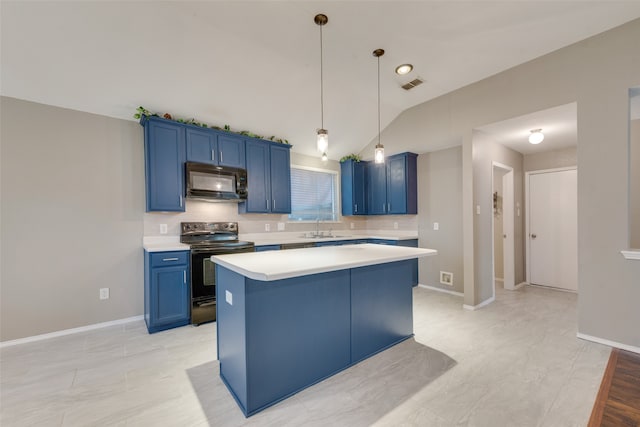 kitchen featuring blue cabinetry, vaulted ceiling, a center island, and electric range oven