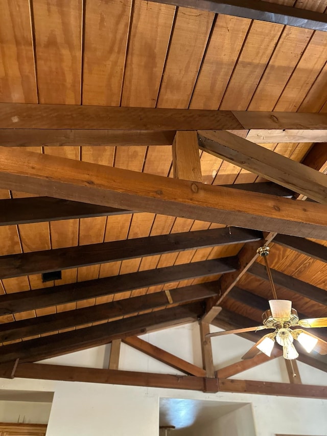 interior space featuring wooden ceiling, ceiling fan, and beamed ceiling