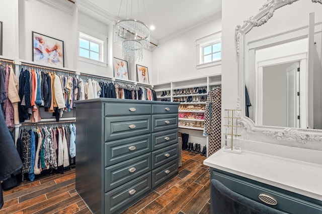 spacious closet featuring a chandelier and dark hardwood / wood-style flooring