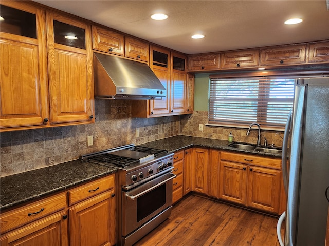 kitchen with appliances with stainless steel finishes, dark stone countertops, dark hardwood / wood-style flooring, exhaust hood, and sink