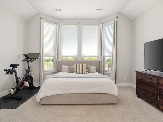 carpeted bedroom featuring lofted ceiling