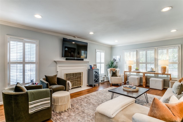 living room featuring crown molding and light hardwood / wood-style flooring