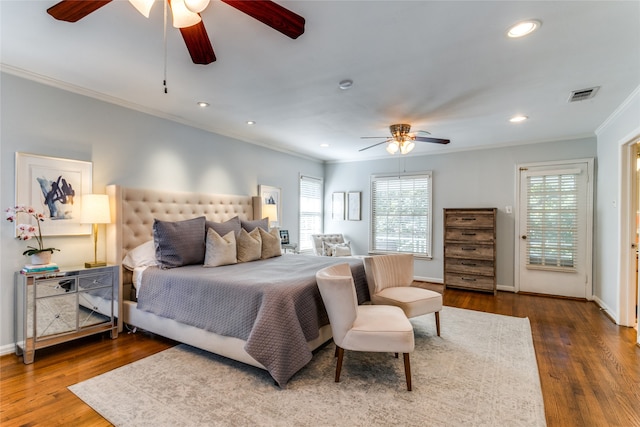 bedroom with ceiling fan, ornamental molding, dark hardwood / wood-style flooring, and access to outside