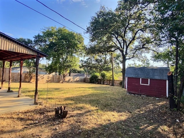 view of yard featuring a storage shed