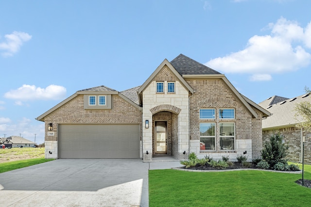 view of front of house with a front yard and a garage