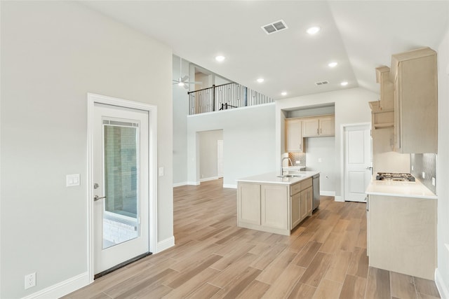 kitchen with stainless steel appliances, light brown cabinetry, light hardwood / wood-style floors, ceiling fan, and sink