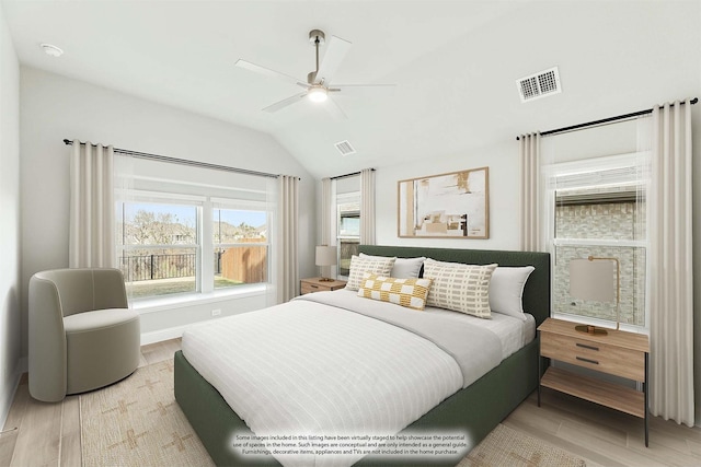 bedroom with ceiling fan and lofted ceiling