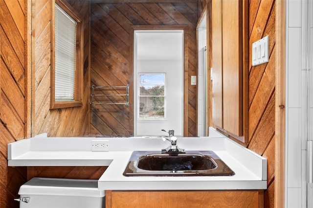 bathroom featuring wood walls, vanity, and toilet