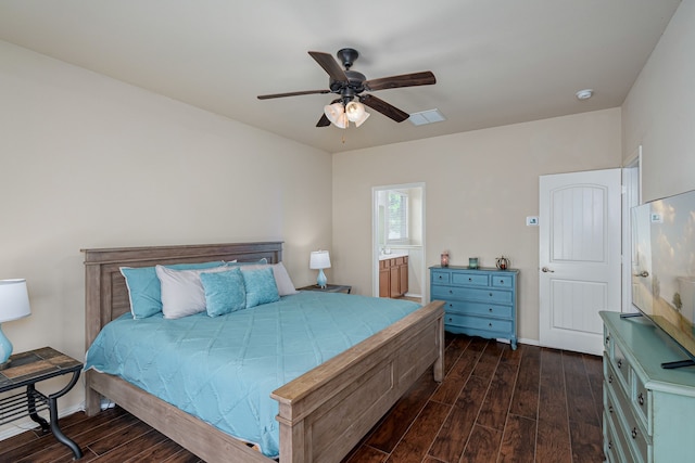 bedroom featuring ceiling fan and dark hardwood / wood-style floors