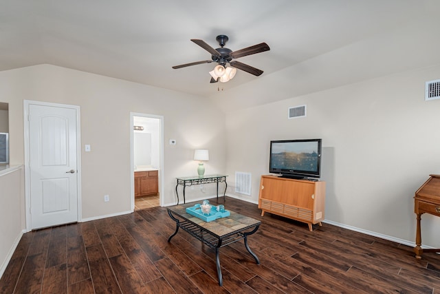 living room featuring ceiling fan, lofted ceiling, and dark hardwood / wood-style floors