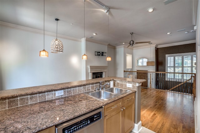 kitchen with crown molding, a fireplace, a sink, wood finished floors, and dishwasher