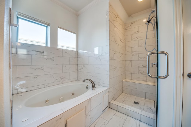 full bathroom featuring ornamental molding, marble finish floor, a shower stall, and a whirlpool tub