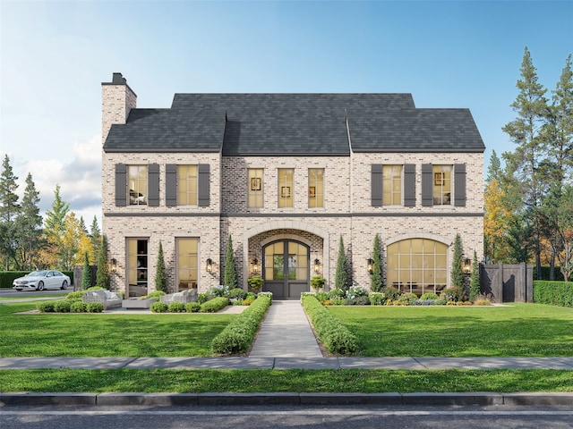 view of front of property with french doors and a front lawn