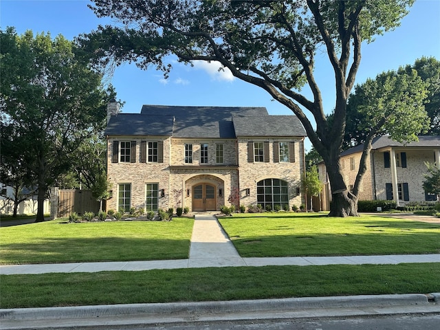 3601 Centenary Ave, University Park, TX 75225 - view of front of house with a front yard, a chimney, stone siding, and french doors