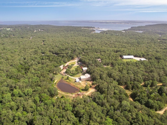 drone / aerial view featuring a wooded view and a water view