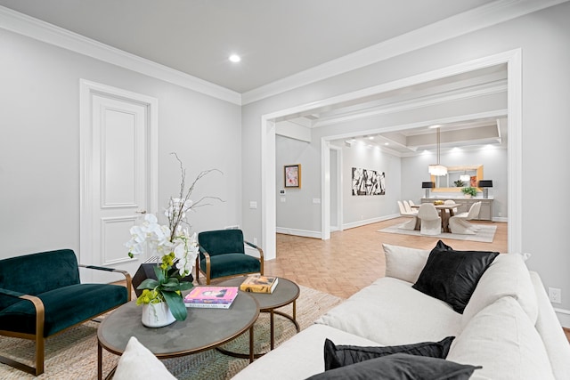 living room featuring ornamental molding and light parquet flooring