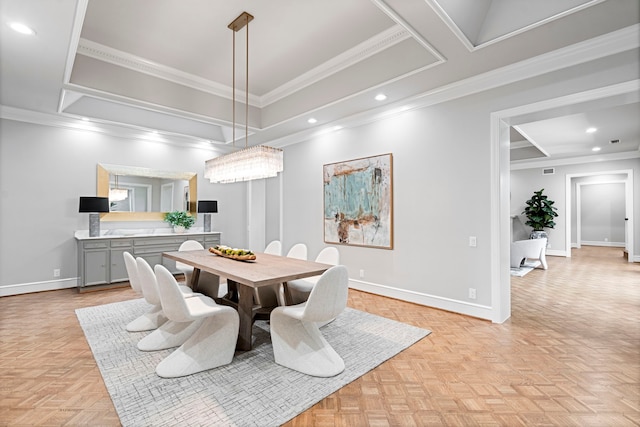 dining space with crown molding and light parquet floors