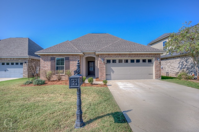 view of front of property with a garage and a front lawn