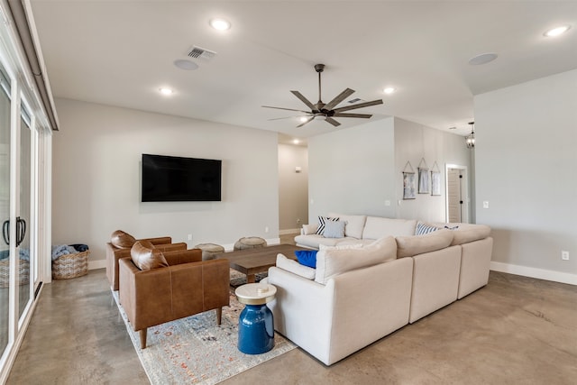 living room with ceiling fan