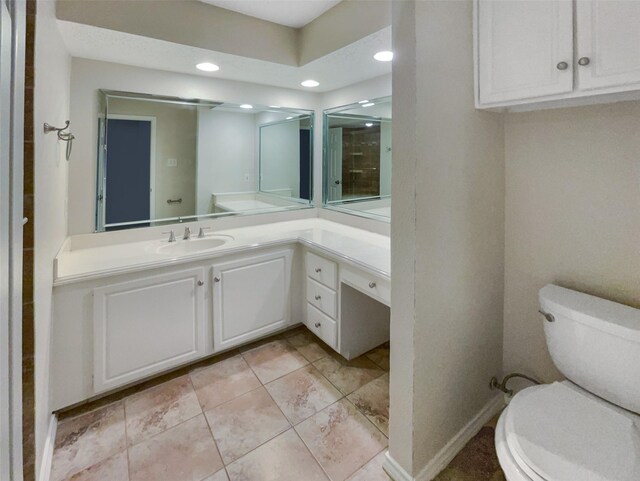313 Oak Shadow Cir, Bedford, TX 76021 - bathroom with tile patterned flooring, toilet, vanity, and recessed lighting