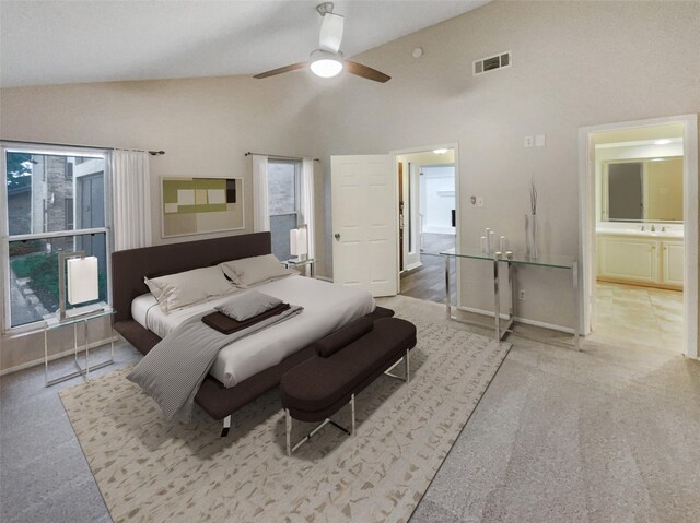 313 Oak Shadow Cir, Bedford, TX 76021 - bedroom with visible vents, a sink, carpet flooring, and high vaulted ceiling
