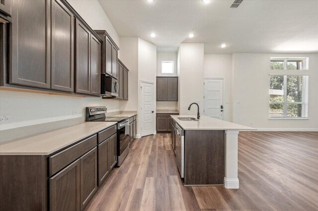 kitchen with wood-type flooring, dark brown cabinetry, and stainless steel appliances