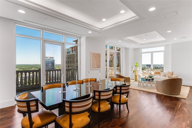 dining area with a raised ceiling and dark hardwood / wood-style floors