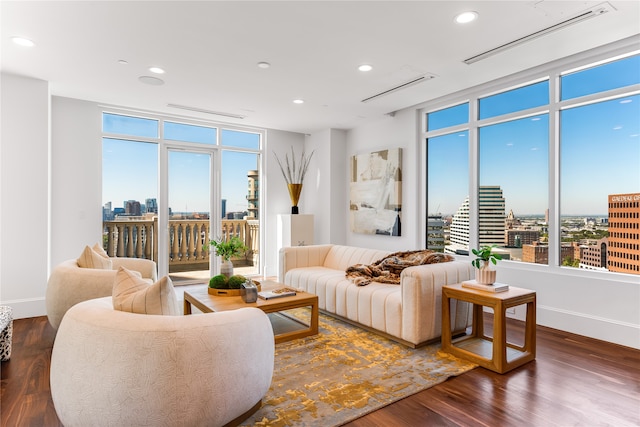 living room with dark hardwood / wood-style floors