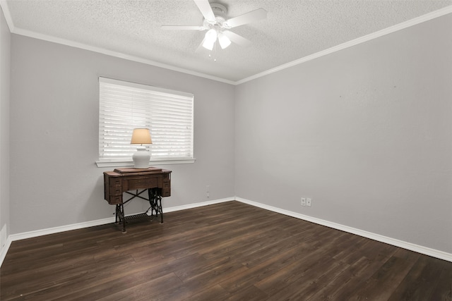 unfurnished room with a textured ceiling, dark hardwood / wood-style flooring, and ceiling fan