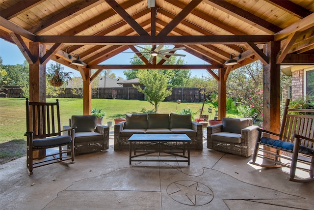 view of patio / terrace featuring an outdoor living space and a gazebo