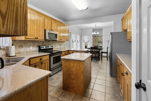 kitchen featuring sink, tasteful backsplash, kitchen peninsula, pendant lighting, and appliances with stainless steel finishes