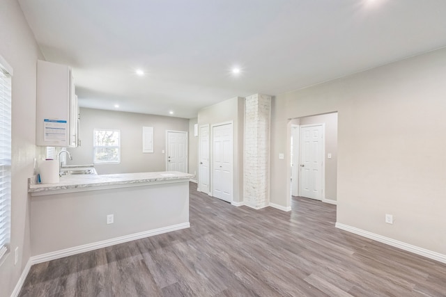 kitchen featuring white cabinetry, electric panel, and dark wood-type flooring