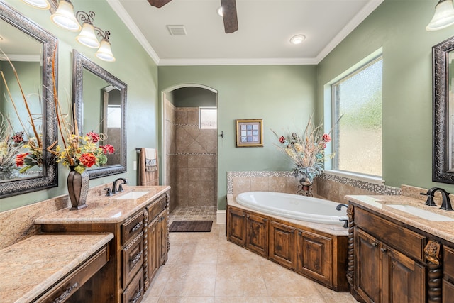 bathroom featuring vanity, separate shower and tub, ornamental molding, and tile patterned floors