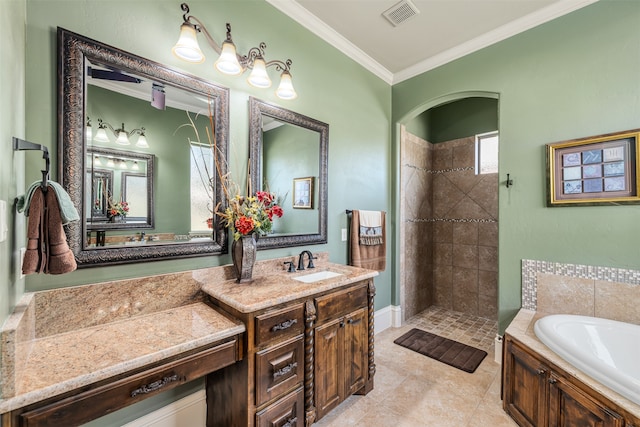 bathroom with tile patterned flooring, ornamental molding, vanity, and independent shower and bath