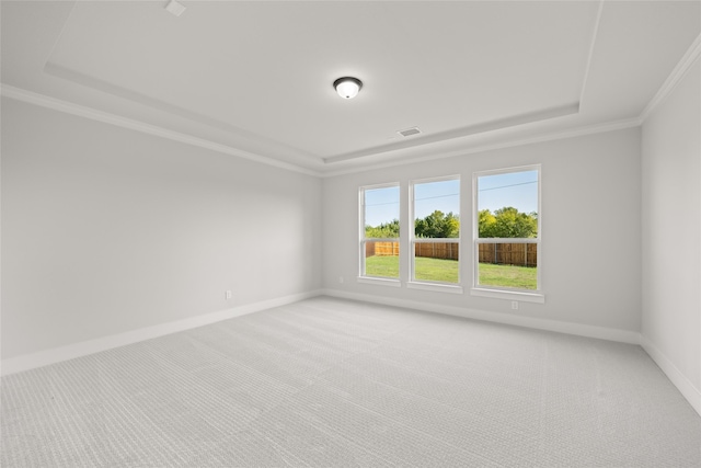 unfurnished room with a raised ceiling, ornamental molding, and light colored carpet