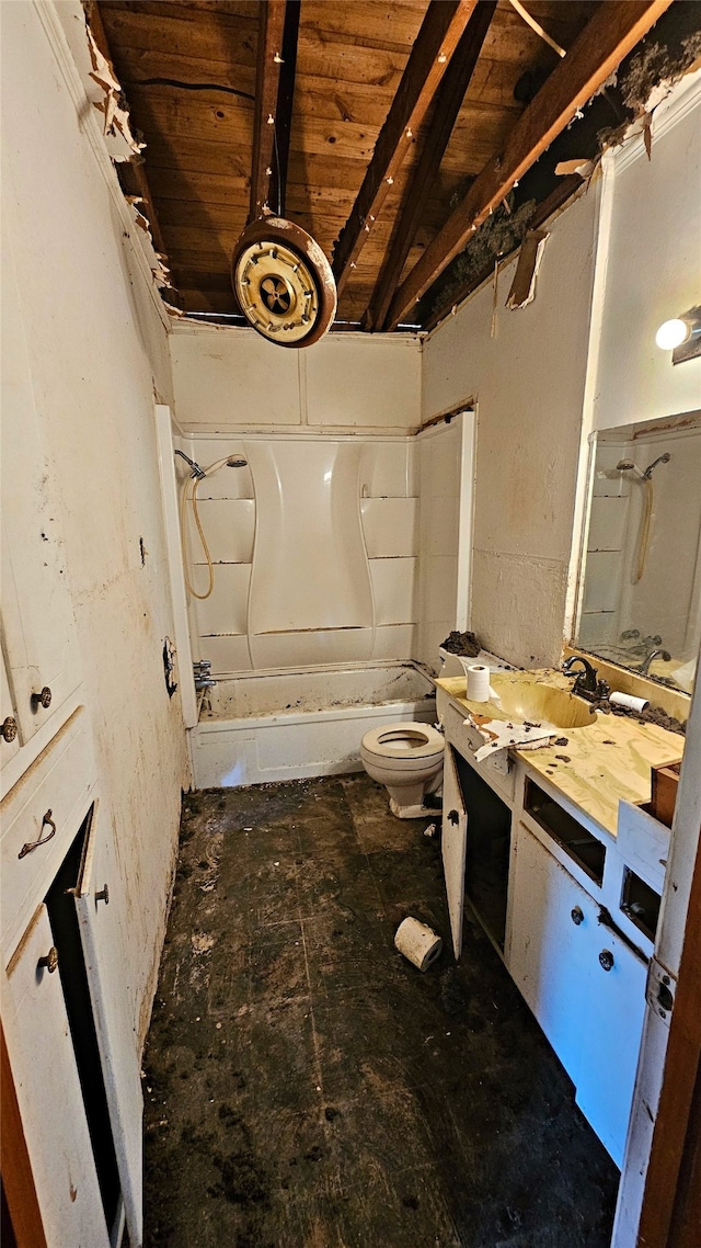 full bathroom featuring vanity, shower / bath combination, lofted ceiling with beams, wooden ceiling, and toilet