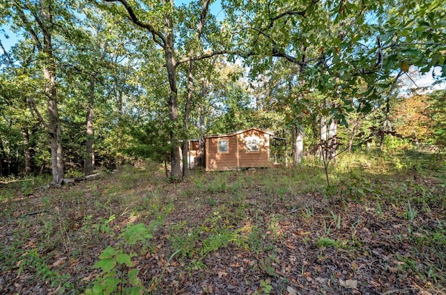 view of yard with a storage shed