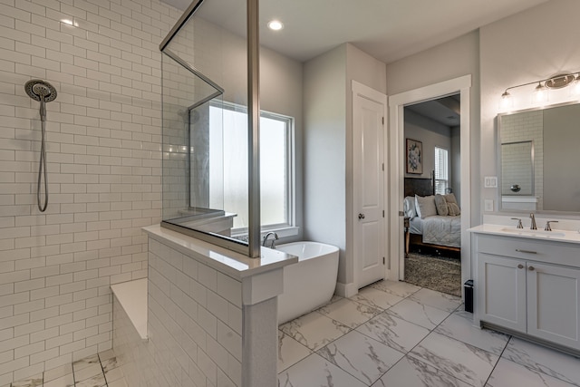 bathroom featuring plus walk in shower and vanity