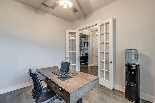 office space with ceiling fan, dark wood-type flooring, and french doors