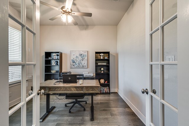 office area with ceiling fan, french doors, and dark hardwood / wood-style flooring