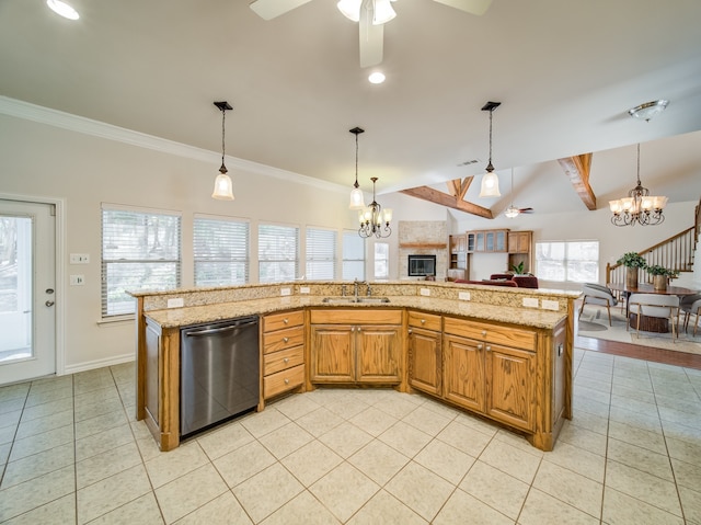 kitchen featuring decorative light fixtures, light tile patterned flooring, a sink, dishwasher, and ceiling fan with notable chandelier