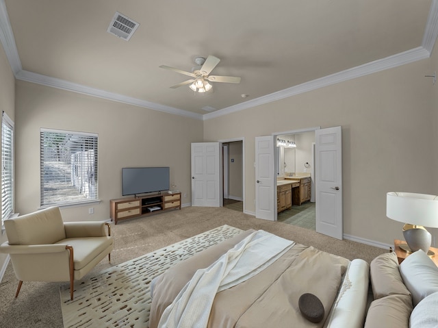bedroom featuring baseboards, visible vents, crown molding, and light colored carpet